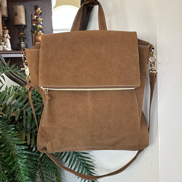 JustFab Faux Suede Brown Convertible Backpack Crossbody Purse School Laptop Bag - Picture 1 of 16